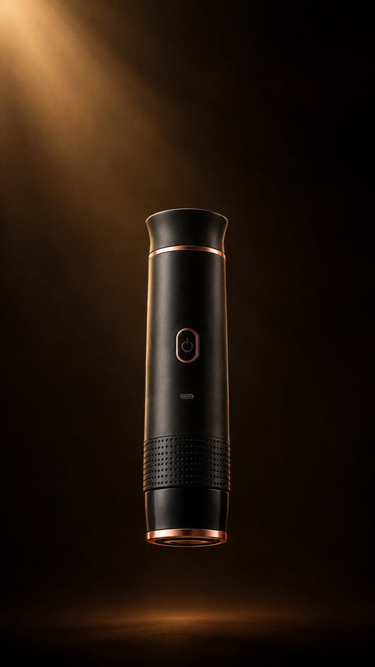 Portable espresso machine in matte black and copper